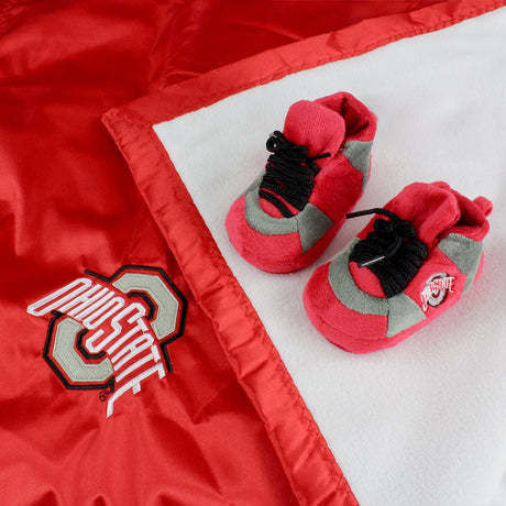 Ohio State baby slippers and blanket