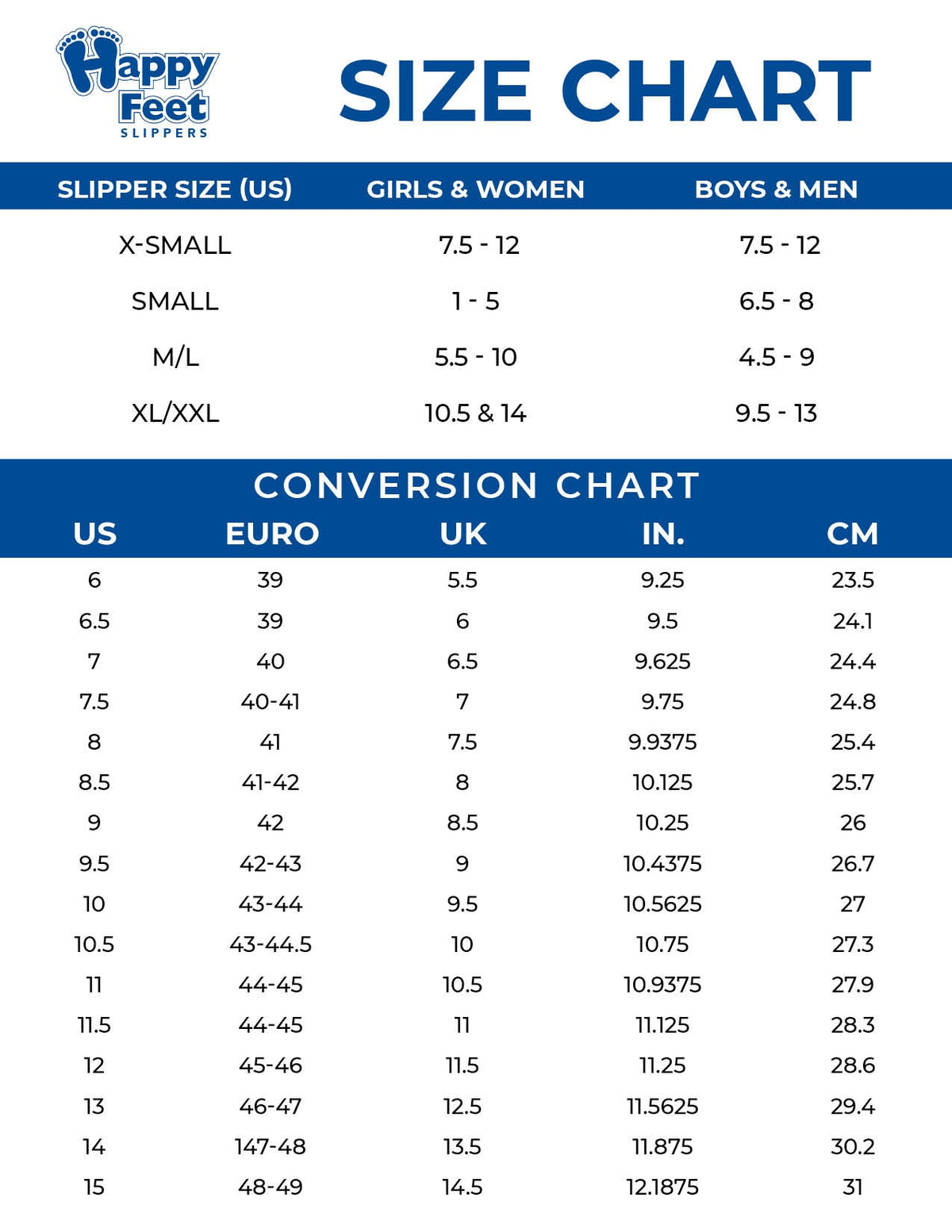 HappyFeet slipper size chart showing US shoe sizes for each slipper size