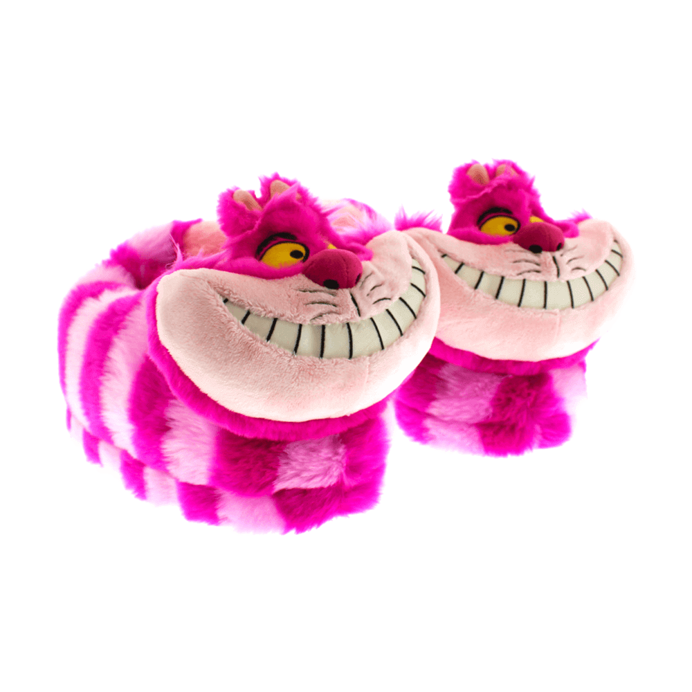 Purple and pink striped Cheshire Cat slippers with an embroidered grinning face