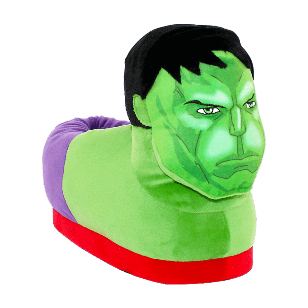 Hulk plush slippers in bright green with the character's furrowed brow