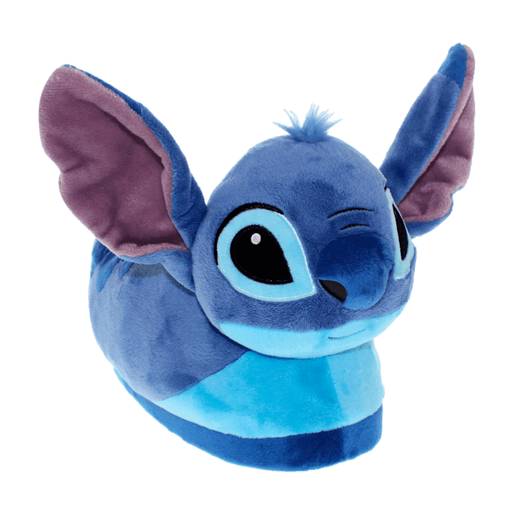 Stitch plush slippers in blue with the character's ears, eyes and wide smile