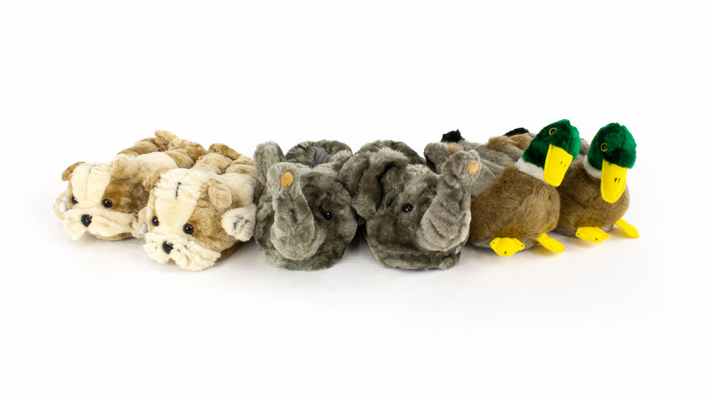 Bulldog, elephant, and duck animal slippers