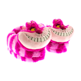 Purple and pink striped Cheshire Cat slippers with an embroidered grinning face