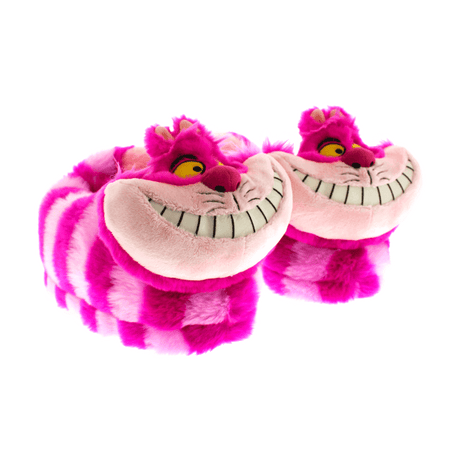 Purple and pink striped Cheshire Cat slippers with an embroidered grinning face