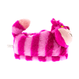 Pair of Cheshire Cat character slippers in plush pink and purple stripes