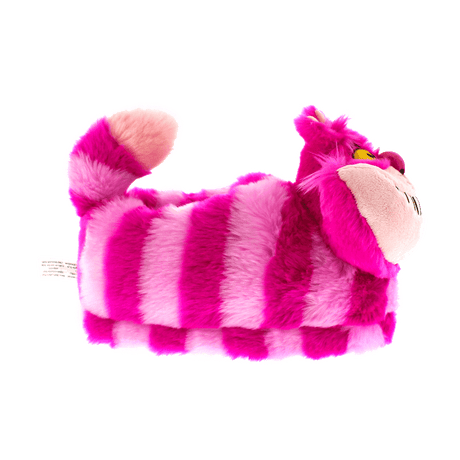 Pair of Cheshire Cat character slippers in plush pink and purple stripes
