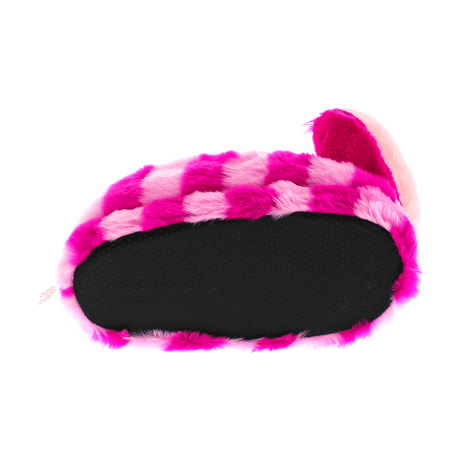 Cheshire Cat plush house slippers with whiskers and striped tail detail