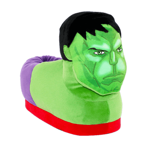 Hulk plush slippers in bright green with the character's furrowed brow