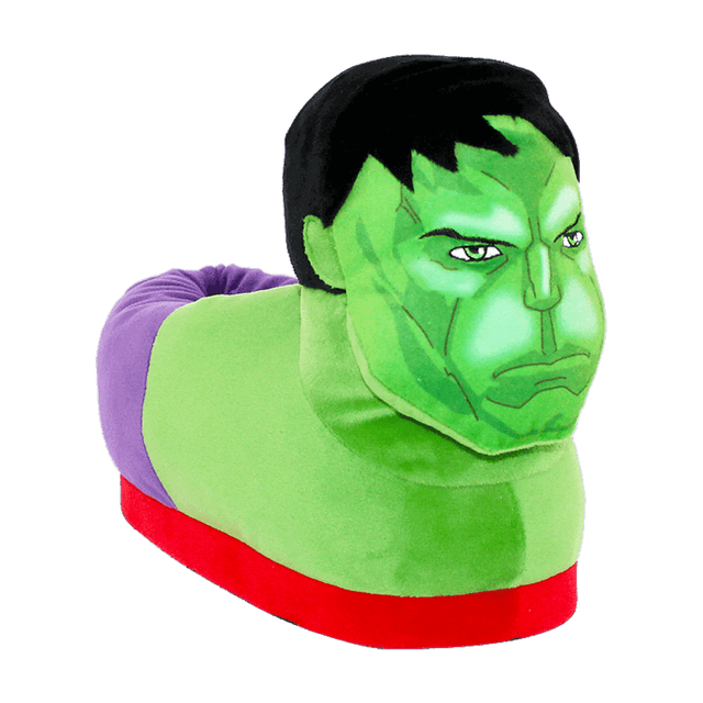 Hulk plush slippers in bright green with the character's furrowed brow