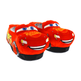 Red Lightning McQueen character slippers, soft plush upper with lightning bolt racing details