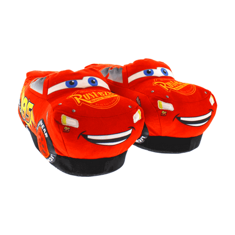 Red Lightning McQueen character slippers, soft plush upper with lightning bolt racing details