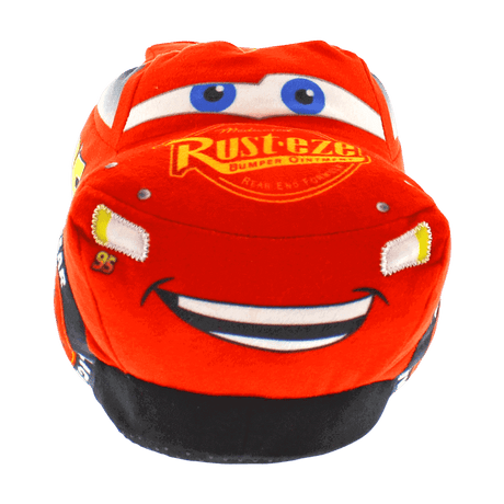 HappyFeet Lightning McQueen slippers showing the plush race car face and grille styling