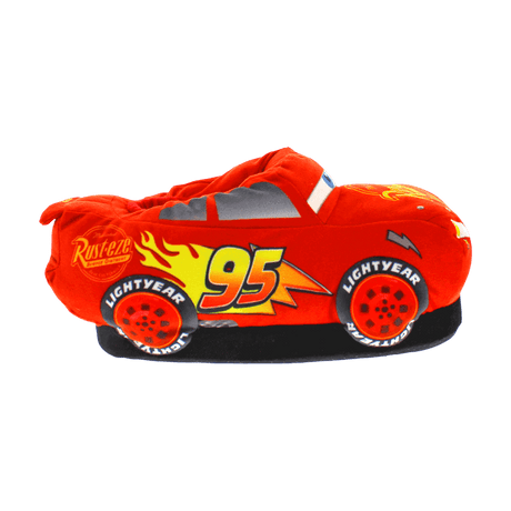 Pair of red Lightning McQueen plush house slippers with non-slip soles